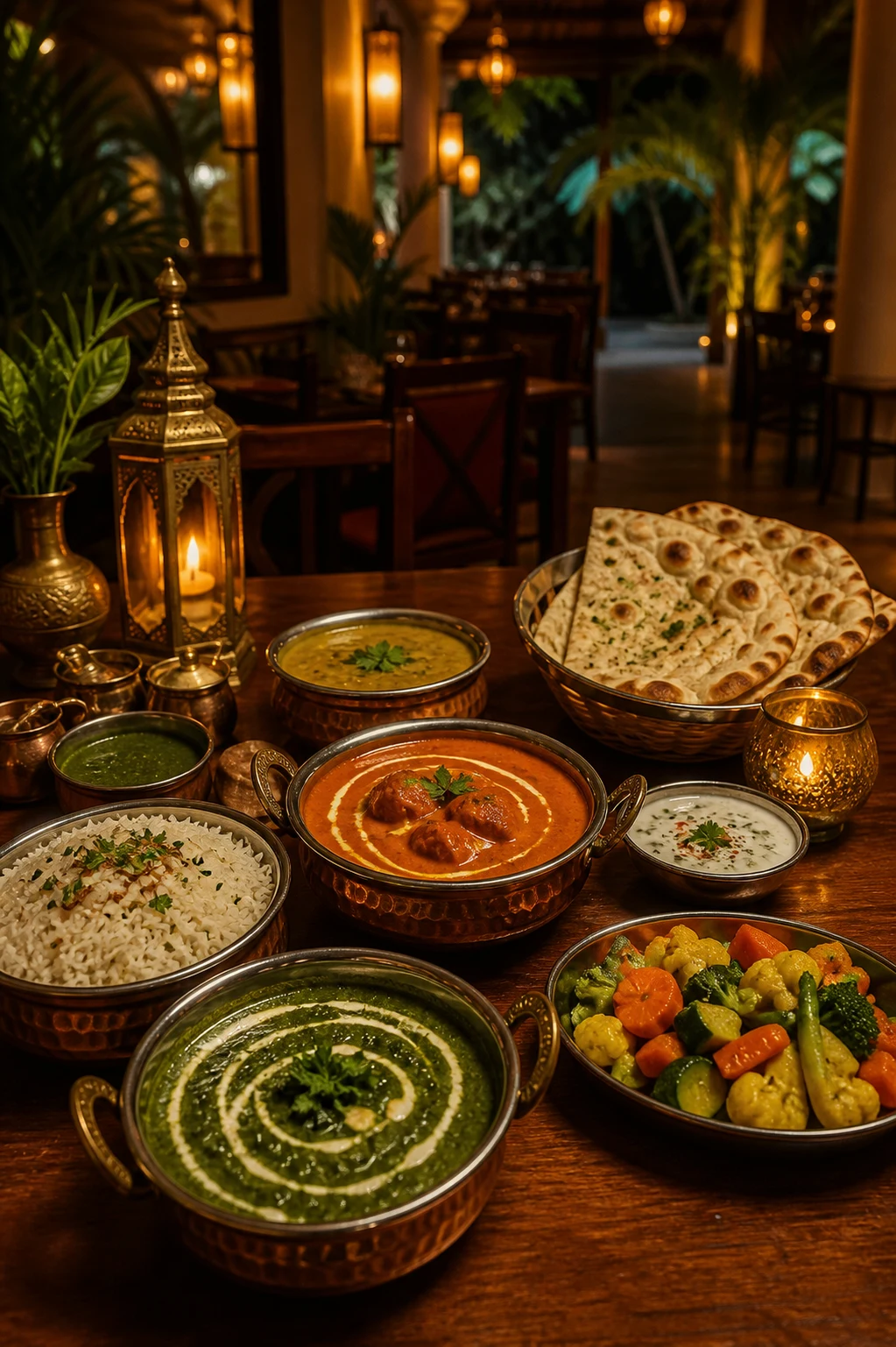 Indian dishes arranged on a warm wooden table