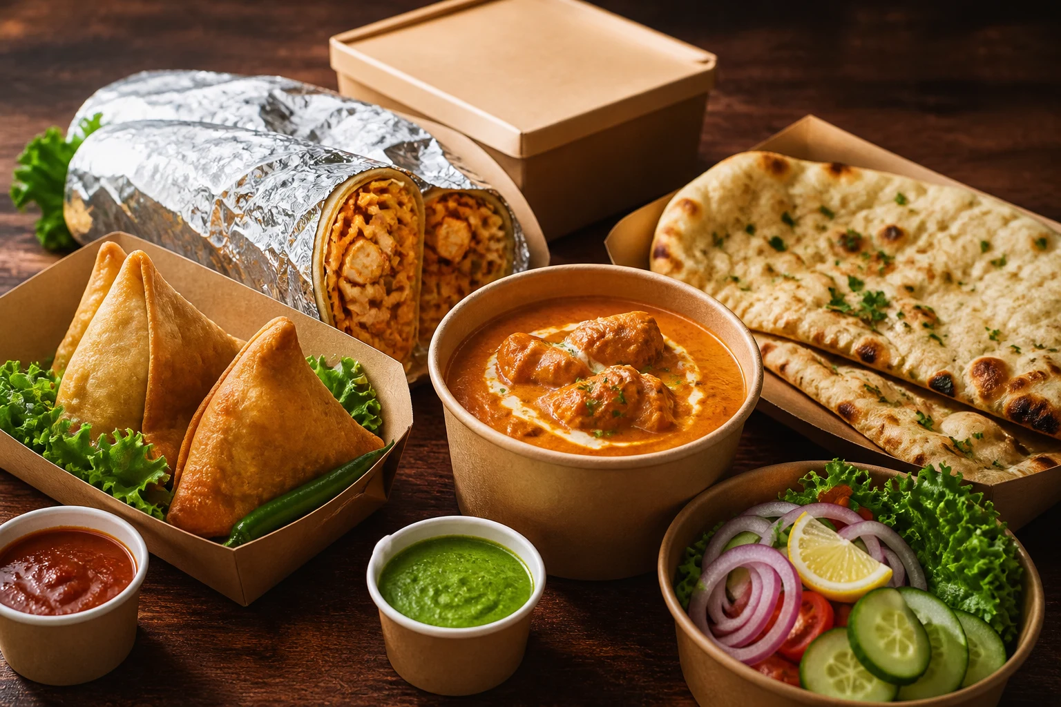 Namaste Samui takeaway spread with curries, naan and samosas